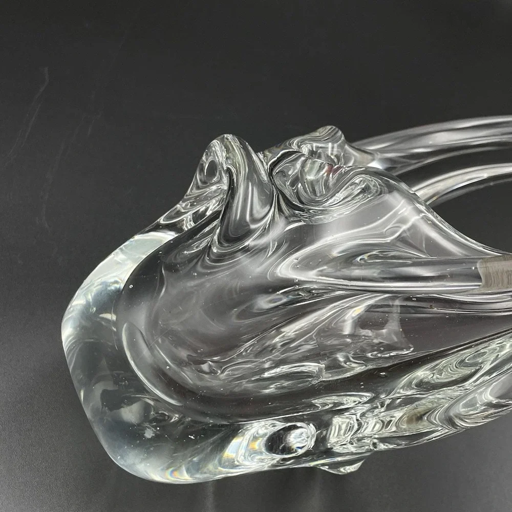 Vintage Hand Blown Art Glass Basket Clear Split Handle Basket Vase‎
